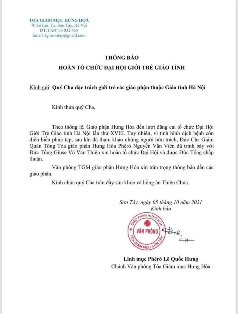 HOÃN TỔ CHỨC ĐẠI HỘI GIỚI TRẺ GIÁO TỈNH HÀ NỘI NĂM 2021