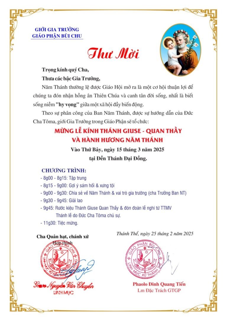 Thư mời ngày hành hương Năm Thánh của giới Gia trưởng Giáo phận