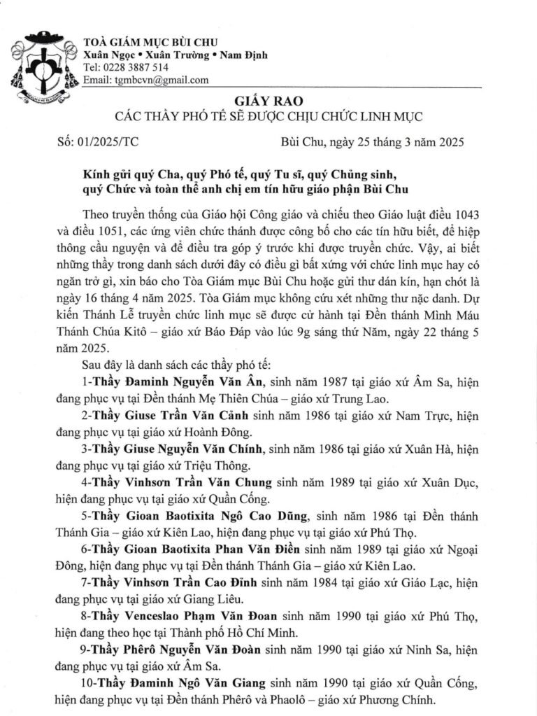 Giấy rao chịu chức linh mục 2025