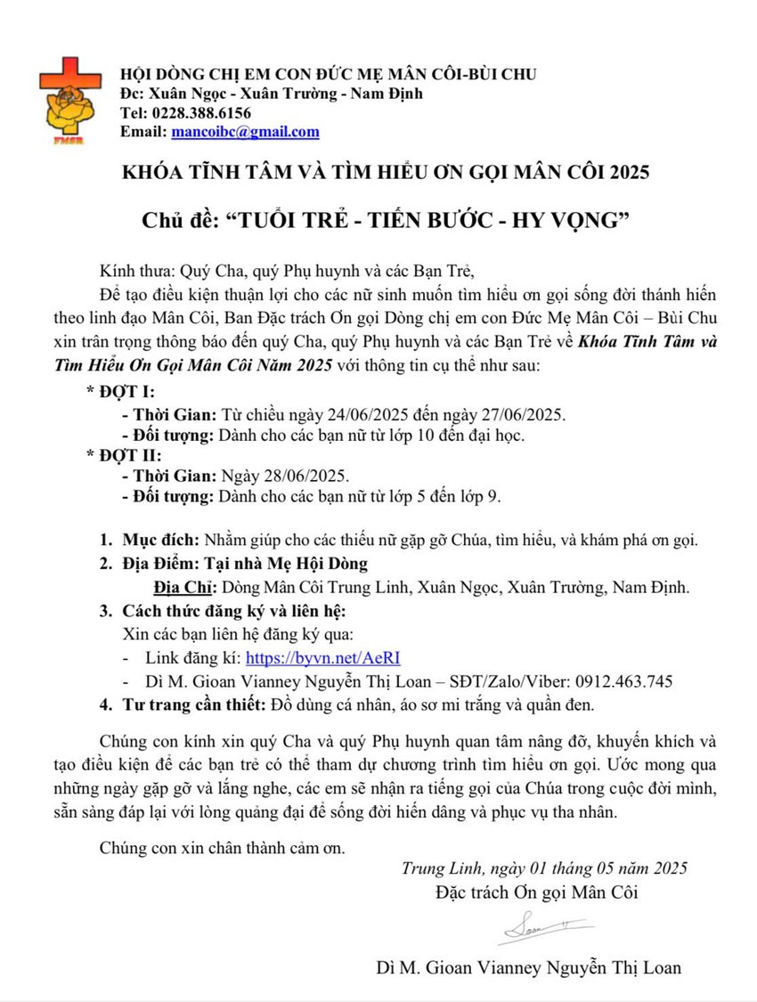 Read more about the article Dòng Mân Côi: Tĩnh tâm & Tìm hiểu Ơn gọi 2025