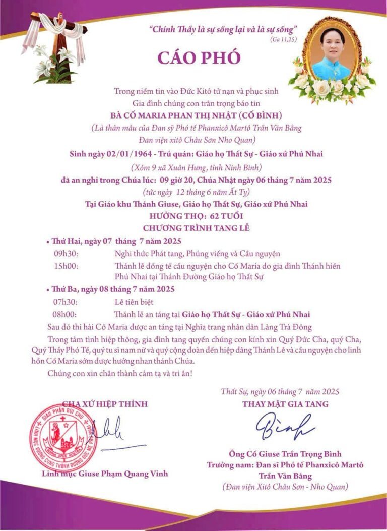 Cáo phó Bà cố Maria Phan Thị Nhật