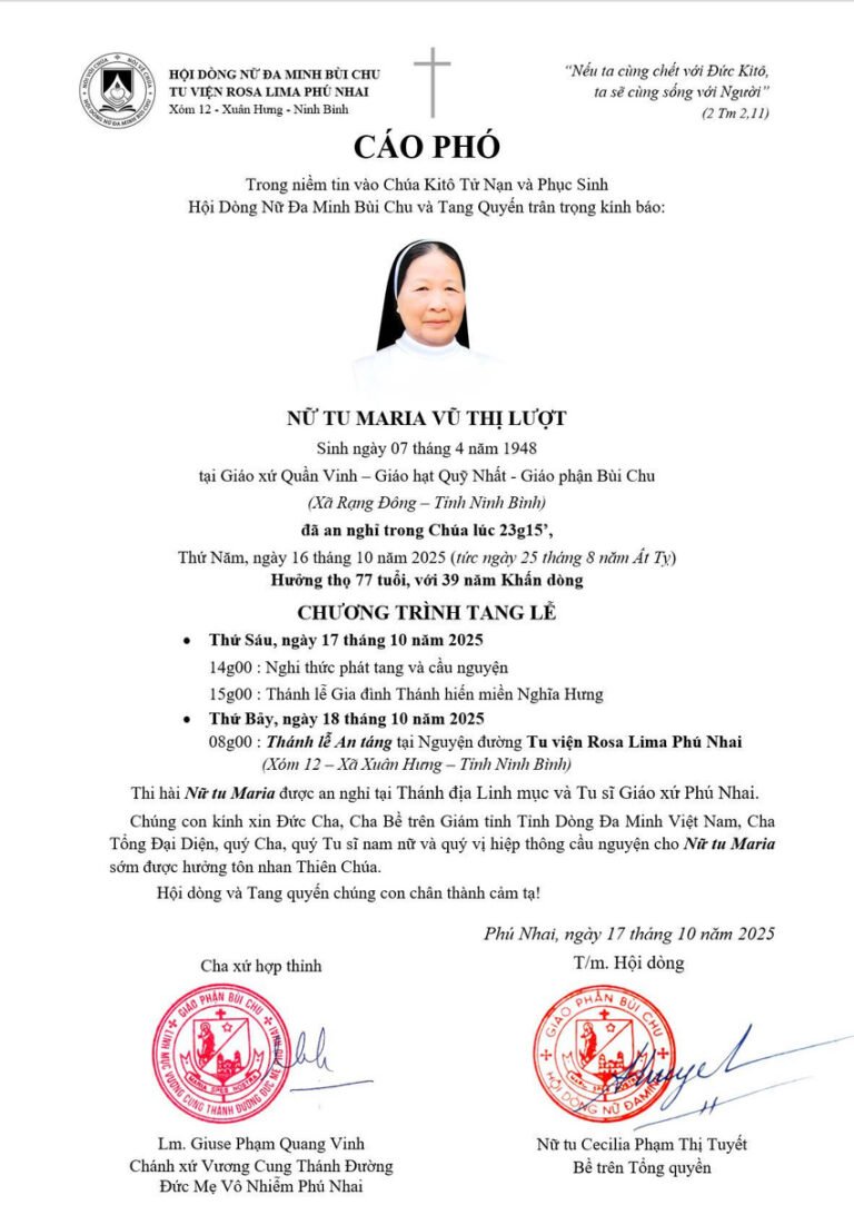 Cáo phó Nữ tu Maria Vũ Thị Lượt OP
