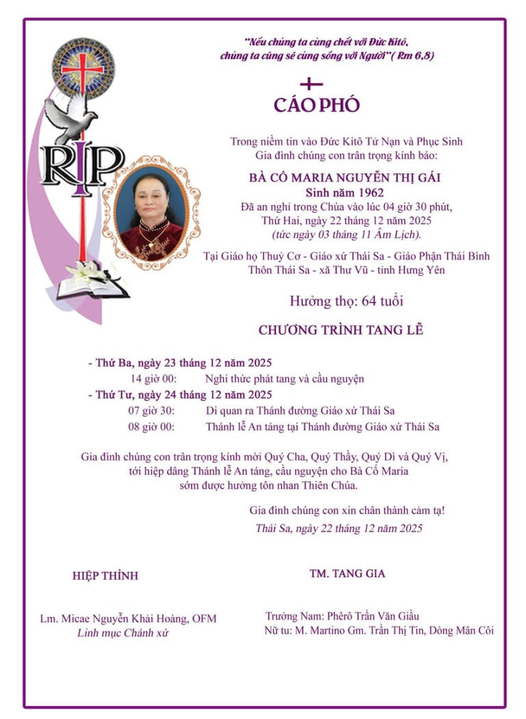 Cáo phó Thân mẫu Sơ M. Martino Trần Thị Tin