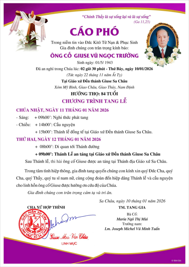 Cáo phó Ông cố Giuse Vũ Ngọc Trưởng