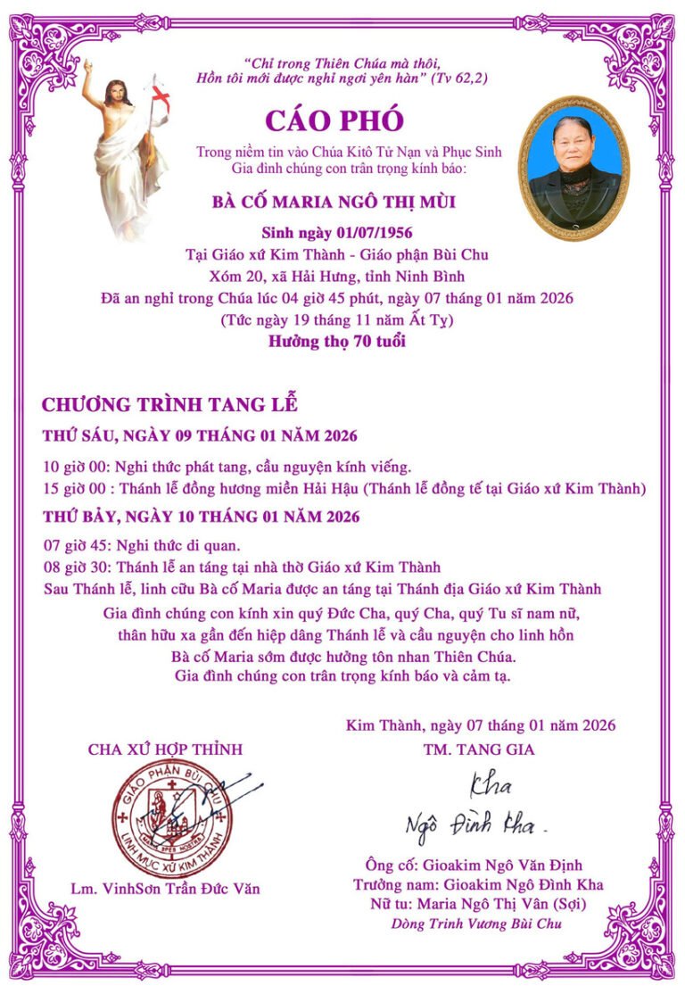 Cáo phó Bà cố Maria Ngô Thị Mùi